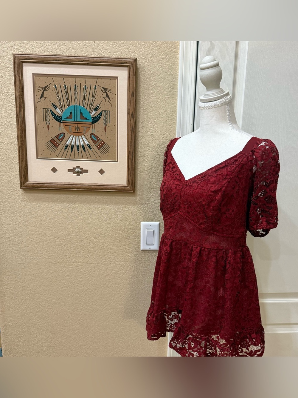 Torrid Fall 2022 Red Lace Babydoll Peplum Puff Sleeve Top Size 0/L NWT